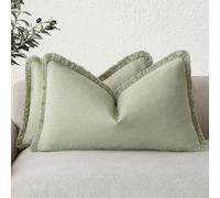 Foindtower Set of 2 Decorative Linen Fringe Lumbar Throw Pillow Covers Farmhouse Cushion Cover with Tassels Soft Accent Pillowcase for Couch Sofa Bed Living Room Home Decor,12×20 Inch,Light Sage Green