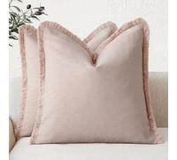Foindtower Set of 2 Decorative Linen Fringe Throw Pillow Covers Boho Farmhouse Cushion Cover with Tassels Soft Accent Pillowcase for Couch Chair Sofa Bed Living Room Home Decor,22×22 Inch,Light Pink