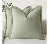Foindtower Set of 2 Decorative Linen Fringe Throw Pillow Covers Boho Farmhouse Cushion Cover with Tassels Soft Accent Pillowcase for Couch Sofa Bed Living Room Home Decor,16×16 Inch,Light Sage Green