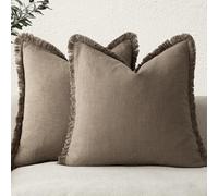 Foindtower Set of 2 Decorative Linen Fringe Throw Pillow Covers Cozy Boho Farmhouse Cushion Cover with Tassels Soft Accent Pillowcase for Couch Sofa Bed Living Room Home Decor, 26×26 Inch, Light Brown