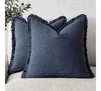 Foindtower Set of 2 Decorative Linen Fringe Throw Pillow Covers Cozy Boho Farmhouse Cushion Cover with Tassels Soft Accent Pillowcase for Couch Sofa Bed Living Room Home Decor, 22×22 Inch, Navy Blue
