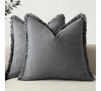 Foindtower Set of 2 Decorative Linen Fringe Throw Pillow Covers Cozy Boho Farmhouse Cushion Cover with Tassels Soft Accent Pillowcase for Couch Sofa Bed Living Room Home Decor, 24×24 Inch, Gray