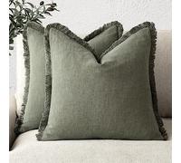 Foindtower Set of 2 Decorative Linen Fringe Throw Pillow Covers Cozy Boho Farmhouse Cushion Cover with Tassels Soft Accent Pillowcase for Couch Sofa Bed Living Room Home Decor, 26×26 Inch, Olive Green