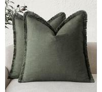 Foindtower Set of 2 Decorative Linen Fringe Throw Pillow Covers Cozy Farmhouse Cushion Cover with Tassels Accent Pillowcase for Couch Chair Sofa Bed Living Room Home Decor,18×18 Inch,Dark Olive Green