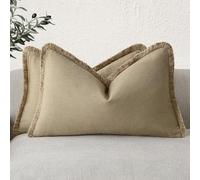 Foindtower Set of 2 Decorative Linen Throw Pillow Covers with Fringe, Lumbar Cushion Case with Tassels for Sofa, Couch, Bed, Living Room, Home Decor, 30 x 51 cm, Light Khaki Grey