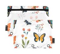 Foiosoh 2 Pack 3 Rings Colorful Butterfly and Plant Pencil Case with Zipper and Transparent Window for School Office College, Colourful Butterflies and Plants White, 1 SIZE, Modern/close-fitting