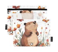 Foiosoh 2 pack Cartoon Beaver White Binder Pencil Bags portable Pencil Holder with Clear Window for Storing School Supplies