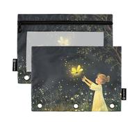 Foiosoh 2 pack Firefly Lighting and Summer Night pencil pouches 3 Rings portable clear pouches with zipper for School Writing Utensils Storage Supplies