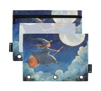Foiosoh 2 pack Flying Witch and Moonlit Sky Blue pencil pouches 3 Rings Big Capacity Zipper pencil poucheses Case for School Office College Supplies