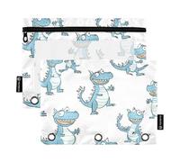 Foiosoh 2 pack Funny Blue Dino White Binder Pencil Bags portable Zipper pencil poucheses Case for School Writing Utensils Storage Supplies