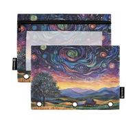 Foiosoh 2 pack Night Sky Countryside 3 Rings Pencil Bag multifunctional Binder Pencil Case with Smooth Zipper for Office Organizers