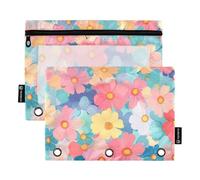 Foiosoh 2 pack Wild Flowers Pattern Beautiful 3 Rings Pencil Bag Big Capacity Clear Window Pencil Case for School Writing Utensils Storage Supplies
