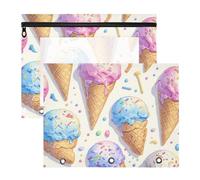 Foiosoh Binder pencil pouches With 3 Reinforced Grommets Plastic File Folder for 3 Rings Binder 2 Pack Teacher Art Supplies Storage Cute Ice Cream Pattern