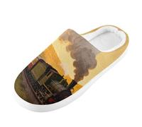 Foiosoh Men's Women's Memory Foam Slippers House Slippers Outdoor Indoor Warm Plush Bedroom Shoes, Vintage Steam Train at Sunset, 16-17 Women/14-15 Wide Men