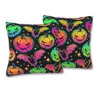 FOISIIAEA Halloween Decorations Pillowcases Set of 2 18x18 in Neon Pumpkins and Bats Decorative Throw Pillow Covers Holiday Farmhouse Pillow Case Decor for Home Party Car Couch