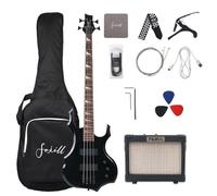 Fojill Cool Shape Full Size 4 Four String Electric Bass Guitar 10W Battery Power Amplifier Amp Beginner Starter Kit Set Combo Bundle Accessory Gig Bag,Picks,Capo,Noiselss Cable,Strings (Black)