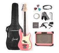 Fojill Full Size 4 Four String Electric Bass Guitar 10W Battery Power Bluetooth Amplifier Amp Right Hand Beginner Starter Kit Set Combo Bundle Accessory Bag,Strap,Picks,Capo,Cable,Strings(Pink)