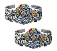 Fokayo The Artisan Jesus & Holy Symbols Cuff Bracelet Unisex, Jesus & Cross Religious Bangle, Faith Bracelet with Holy Symbols for Men Women Religious Believers (2Pcs)