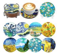 Fokenzary 5D Diamond Painting Coaster Kits with Holder,Full Round Drill Diamond Art Coasters,Diamond Art Coasters,DIY Gem Mosaic Craft Set with Cork Back(8 Pack,Van Gogh)