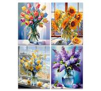 Fokenzary 5D Diamond Painting Kit for Adults Beginners,Tulip Lavender DIY Full Round Drill Diamond Art Home Wall Decor (30x40cmx4pcs,Flowers)