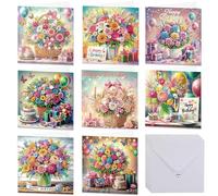Fokenzary Diamond Painting Birthday Cards Set Flower Basket Balloons 5D Diamond Painting Greeting Cards with Envelopes for Beginners Gem Art Cards 8PCS (flower)