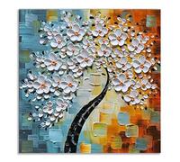 Fokenzary Hand Painted Abstract Modern Flowers Thick 3D Effect Knife Canvas Painting Framed Ready to Hang (16x16in)