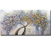 Fokenzary Hand Painted Abstract Modern Flowers Thick 3D Effect Knife Canvas Painting Framed Ready to Hang (16x32in)