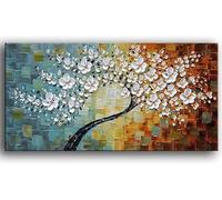 Fokenzary Hand Painted Abstract Modern Flowers Thick 3D Effect Knife Canvas Painting Framed Ready to Hang (20x40in)