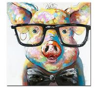 Fokenzary Hand Painted Cute Pig with Glasses Pop Wall Art Canvas Painting Framed Ready to Hang