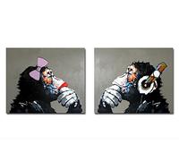 Fokenzary Hand Painted Oil Painting on Canvas Listening Music Pop Gorilla Couple Lover Wall Decor Framed Ready to Hang