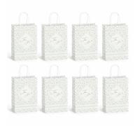 Fokongna 8 Pack Wedding Favor Bag for Guests, 5.9 x 3.15 x 8.27 Inch | White base hand-drawn green leaf & tiny red heart print, thank you favor bags for romantic wedding & elopement guest gifts