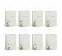 Fokongna 8 Pack Wedding Favor Bags for Guest, 5.9 x 3.15 x 8.27 Inch | Plain cream minimalist eucalyptus accents, simple thank you print, sleek paper bags for modern wedding welcome gifts