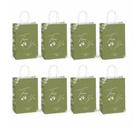 Fokongna 8 Pack Wedding Gift Bag for Party Guests, 5.9 x 3.15 x 8.27 Inch | Earthy olive green base with white leaf sketch, elegant thank you script bags for boho woodland & fall wedding guest gifts