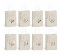 Fokongna 8 Set Gift Paper Bags for Guests, 5.9 x 3.15 x 8.27 Inch | Beige eucalyptus print with bride-groom line art, thank you script bags for rustic wedding favors & bridal party gifts