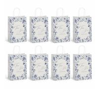Fokongna 8 Set Wedding Guest Gift Bag, 5.9 x 3.15 x 8.27 Inch | Classic navy line art tulip & butterfly toile print, thank you bags for blue-themed garden wedding & bridal shower favors