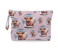 Fokongna Cute Print Wet Bag, Small Portable Waterproof Multi-Functional Organizer for Women, Pink Highland Cow Snow Globe, Ideal for Daily, Beach & Travel