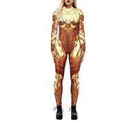 Foksikely Women's Cool Robot 3D Print Long Bodysuit Cosplay Halloween Costume Jumpsuit Unitard, Gold-2, Small