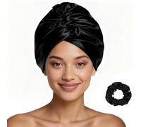FOLAI 2pcs Shower Cap For Women Silk Satin Hair Bonnet for Sleeping Caps For Reusable Waterproof Bonet Curly Sleep Large Bonets Cover Cute Night Blissy Protector,One Size (Black)