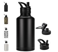 FOLAI Insulated 2 Litre Stainless Steel Water Bottle with Straw Lid and Flex,Adult Large Drinks Bottle,Large Gym Sports Metal Drinking Flask,for Outdoor, Hiking, Riding, and Gift Giving（Black）