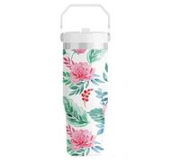 FOLAI Leakproof Flip Water Tumbler,30oz Stainless Steel Hot and Cold Water Bottle with Ergonomic Handle and Straw Keeps Cold for 12+ Hours,Ideal for Gym,Car-Easy to Carry Travel Mug（Peony Whisper）