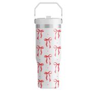 FOLAI Leakproof Flip Water Tumbler,30oz Stainless Steel Hot and Cold Water Bottle with Ergonomic Handle and Straw Keeps Cold for 12+ Hours,Ideal for Gym,Car,Beach-Easy to Carry Travel Mug(Red Bow)