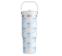 FOLAI Leakproof Flip Water Tumbler,30oz Stainless Steel Hot and Cold Water Bottle with Ergonomic Handle and Straw Keeps Cold For 12+ Hours,Ideal for Gym,Car,Beach-Easy to Carry Travel Mug(Blue bow)