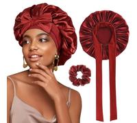 FOLAI Satin Bonnet,1PC Silk Sleep Bonnets for Women, Adjustable Satin Night Sleeping Cap Soft Elastic Band Silk Bonnets for Sleeping, Hair Bonnet with Tie Band for Curly Hair Braid Women (Wine Red)