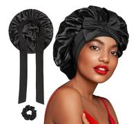 FOLAI Silk Bonnet, Satin Bonnet for Sleeping, 1 PCS Adjustable Hair Bonnet for Women and Hair Band, Hair Silk Bonnet for Sleeping, Hair Bonnet with Tie Band for Curly Hair Braid Women Black