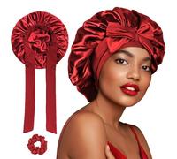 FOLAI Silk Bonnet, Satin Bonnet for Sleeping, 1 PCS Adjustable Silk Bonnet for Women and Hairs Band, for Sleeping, Hairs Bonnets with Tie Band for Curly Hair Braid Women Red