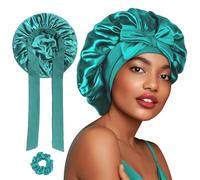 FOLAI Silk Satin Bonnet for Sleeping, Adjustable Hair Bonnet with Tie Band for Curly Hair Women Green