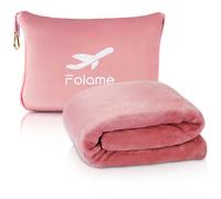 Folame Soft Travel Blanket and Pillow - 2 in 1 Airplane Blanket Compact with Soft Bag Pillowcase, Luggage Belt and Backpack Clip, Portable Long Flight Essentials for Travel/Pink