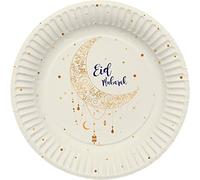Folat 24907 Eid Mubarak Plates Star Moon White Gold 23 cm Pack of 8 Ramadan Aid Mubarak