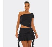 Fold Over Asymmetric One Shoulder Frill Detail Crop Top In Black Mesh, Women's Size UK 14