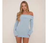 Fold Over Bardot Mini Bodycon Dress In Blue Boucle Knit, Women's Size UK Large L